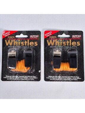 Vtg 2 Pack Hutch Reach Whistles Solid Brass Triple Plated & Plastic w/ Lanyards